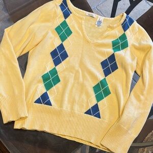 Liz & Co Yellow Argyle Sweater Size L Preppy Golfcore Cotton Knit